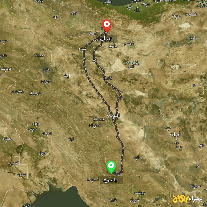 مسافت و فاصله تهران تا یاسوج از 2 مسیر - مسیریاب بهراه