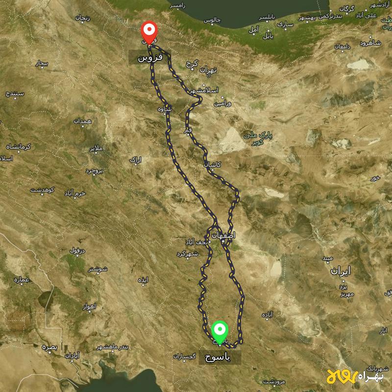 مسافت و فاصله قزوین تا یاسوج از ۳ مسیر - آبان ۱۴۰۳