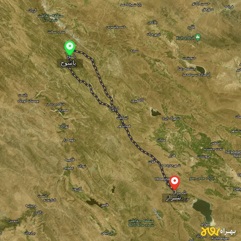 مسافت و فاصله شیراز تا یاسوج از 2 مسیر - مسیریاب بهراه