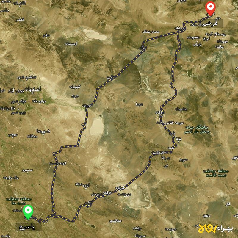 مسافت و فاصله فرخی - اصفهان تا یاسوج از ۲ مسیر - آذر ۱۴۰۳