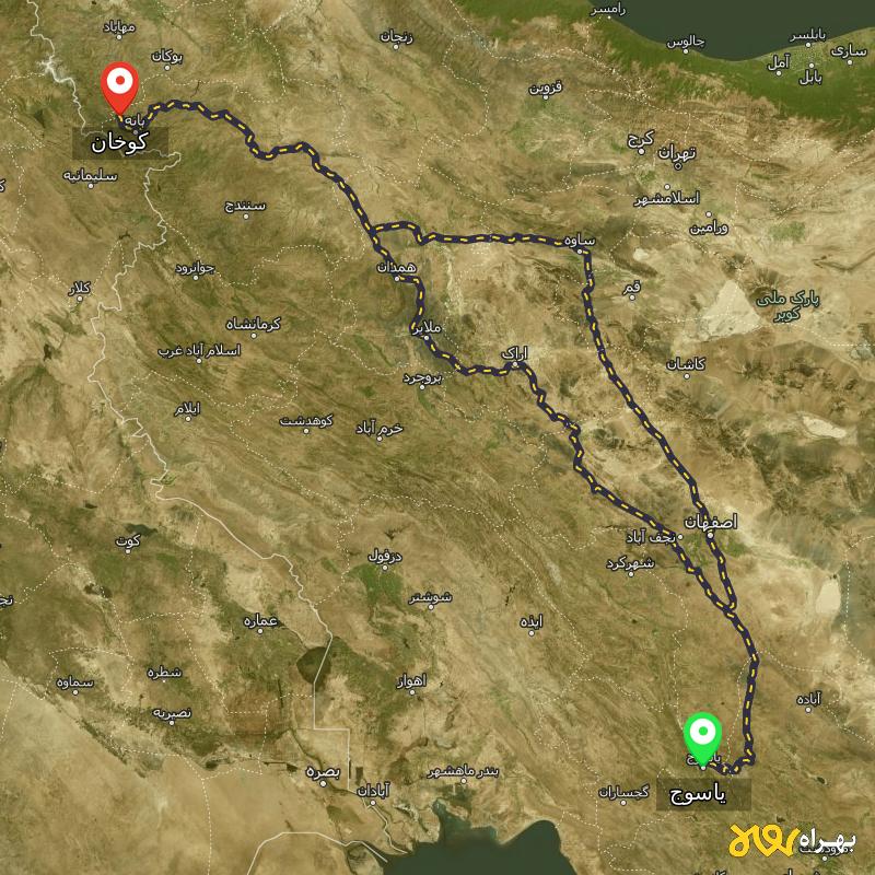 مسافت و فاصله کوخان - کردستان تا یاسوج از ۲ مسیر - مرداد ۱۴۰۳
