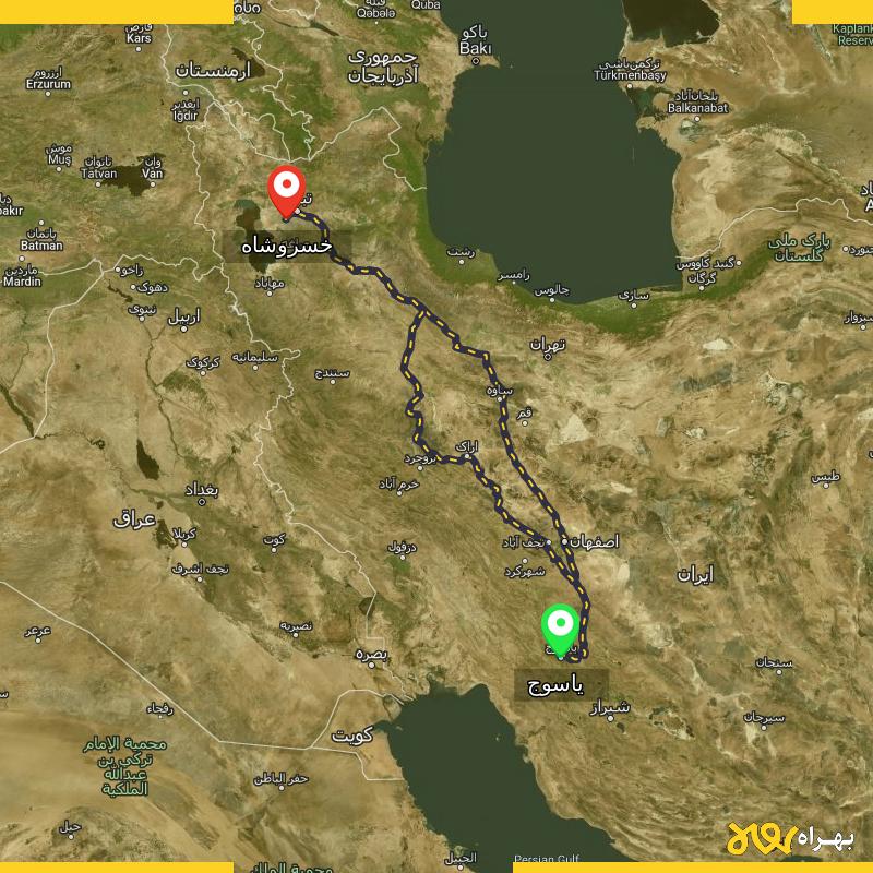 مسافت و فاصله خسروشاه - آذربایجان شرقی تا یاسوج از ۲ مسیر - مرداد ۱۴۰۳