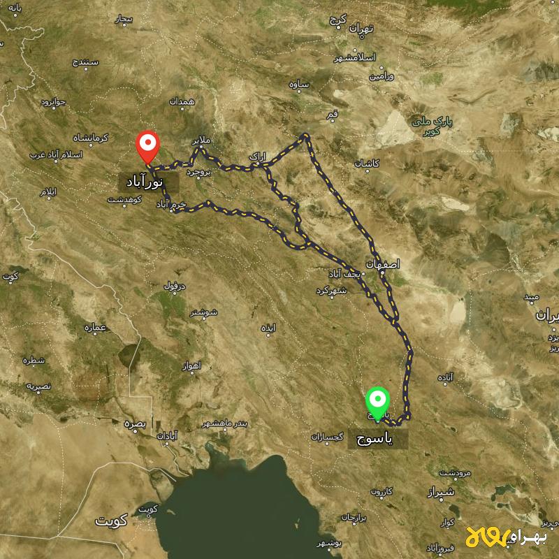 مسافت و فاصله نورآباد - لرستان تا یاسوج از ۳ مسیر - آذر ۱۴۰۳