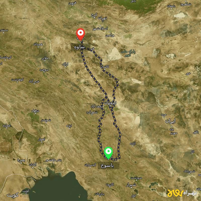 مسافت و فاصله ساوه تا یاسوج از ۳ مسیر - آبان ۱۴۰۳