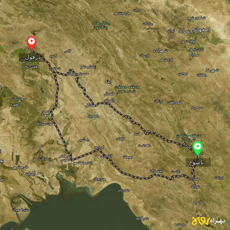 مسافت و فاصله دزفول تا یاسوج از ۲ مسیر - اردیبهشت ۱۴۰۳