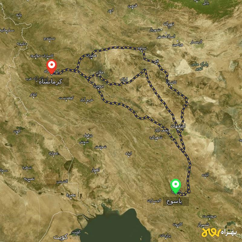 مسافت و فاصله کرمانشاه تا یاسوج از ۳ مسیر - مرداد ۱۴۰۳