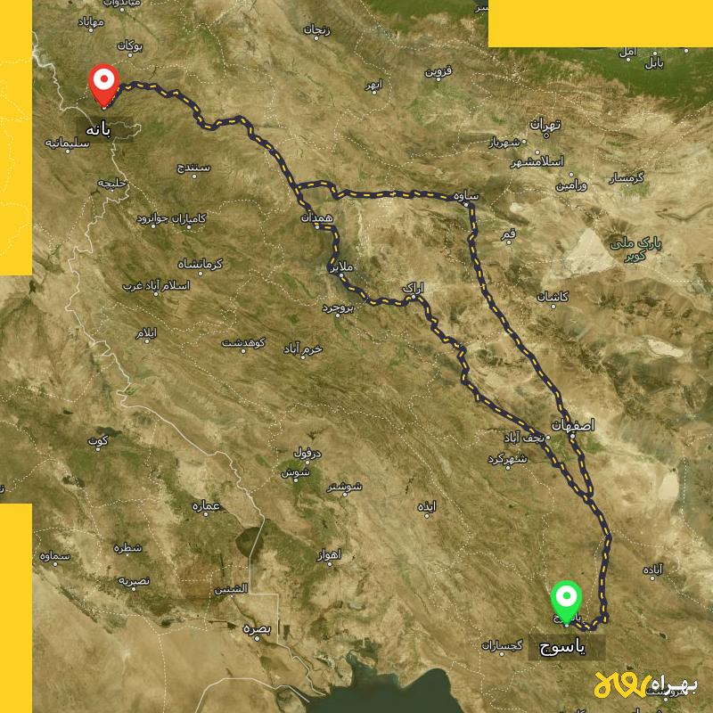 مسافت و فاصله بانه - کردستان تا یاسوج از 2 مسیر - مسیریاب بهراه