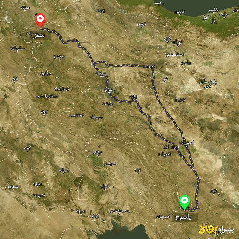 مسافت و فاصله سقز - کردستان تا یاسوج از ۲ مسیر - مرداد ۱۴۰۳