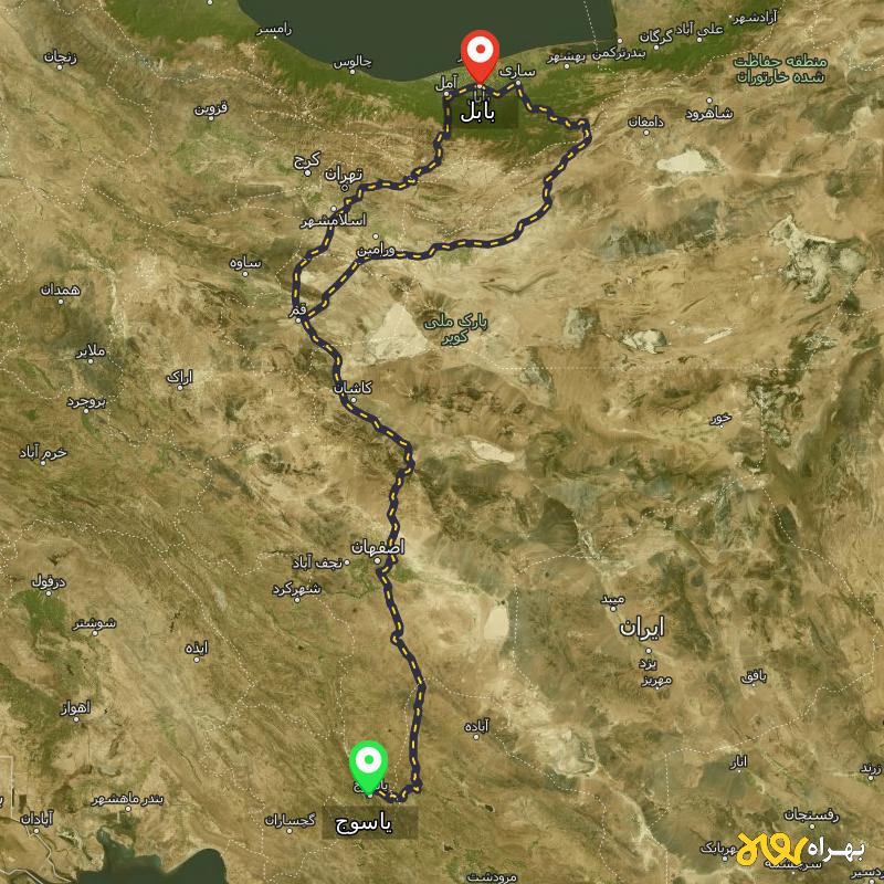 مسافت و فاصله بابل تا یاسوج از ۲ مسیر - مرداد ۱۴۰۳