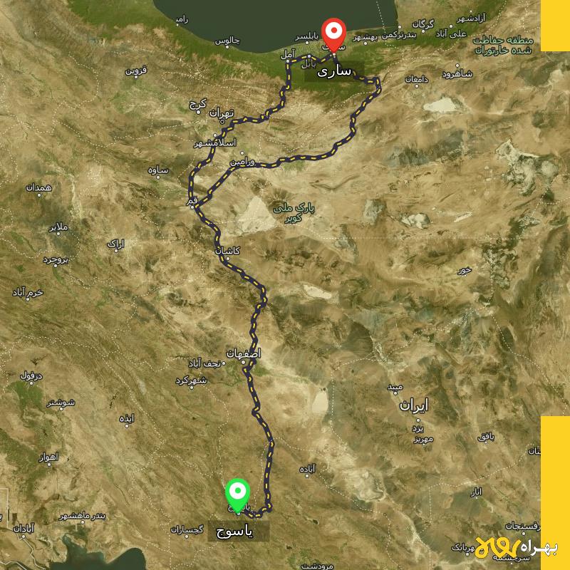 مسافت و فاصله ساری تا یاسوج از ۲ مسیر - مرداد ۱۴۰۳