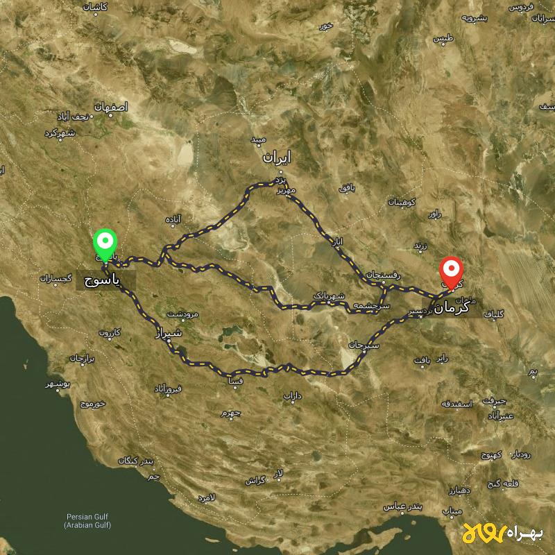 مسافت و فاصله کرمان تا یاسوج از ۳ مسیر - مرداد ۱۴۰۳