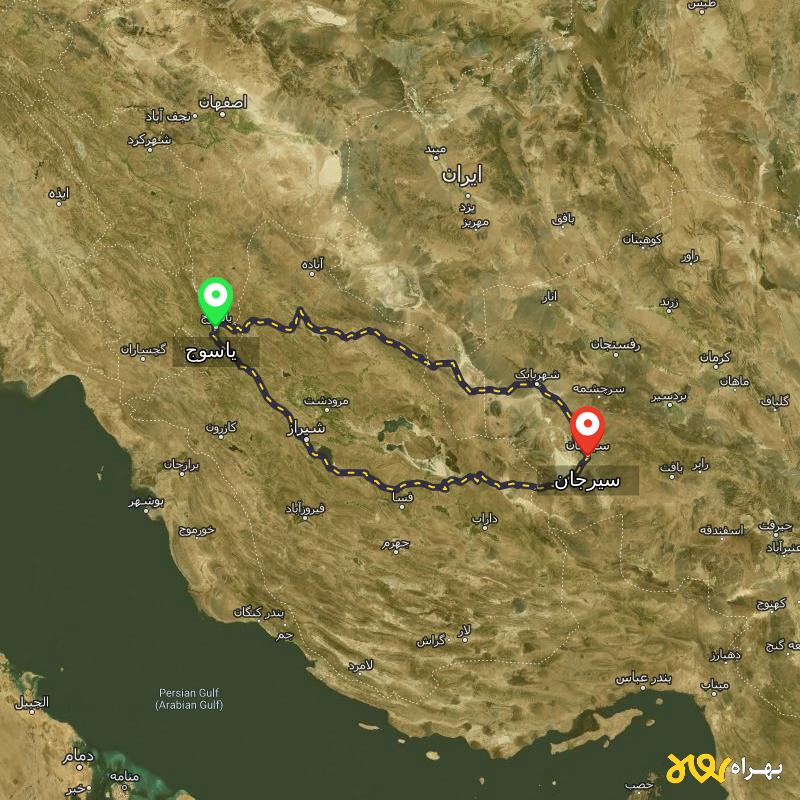 مسافت و فاصله سیرجان تا یاسوج از ۲ مسیر - آذر ۱۴۰۳