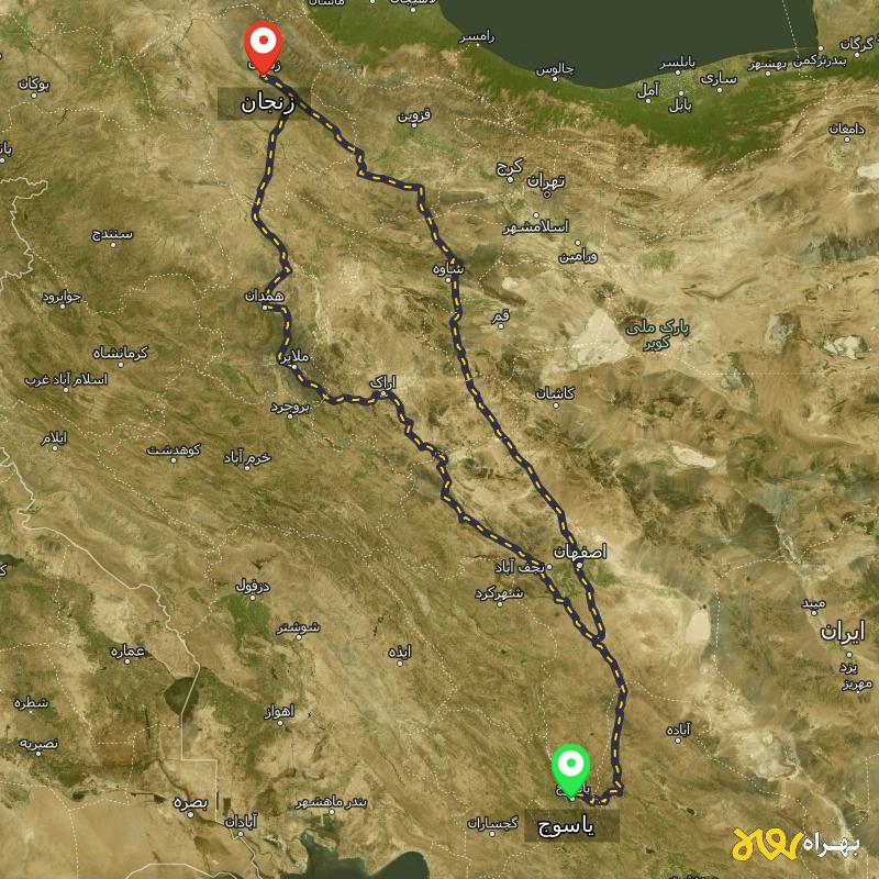 مسافت و فاصله زنجان تا یاسوج از ۲ مسیر - مرداد ۱۴۰۳
