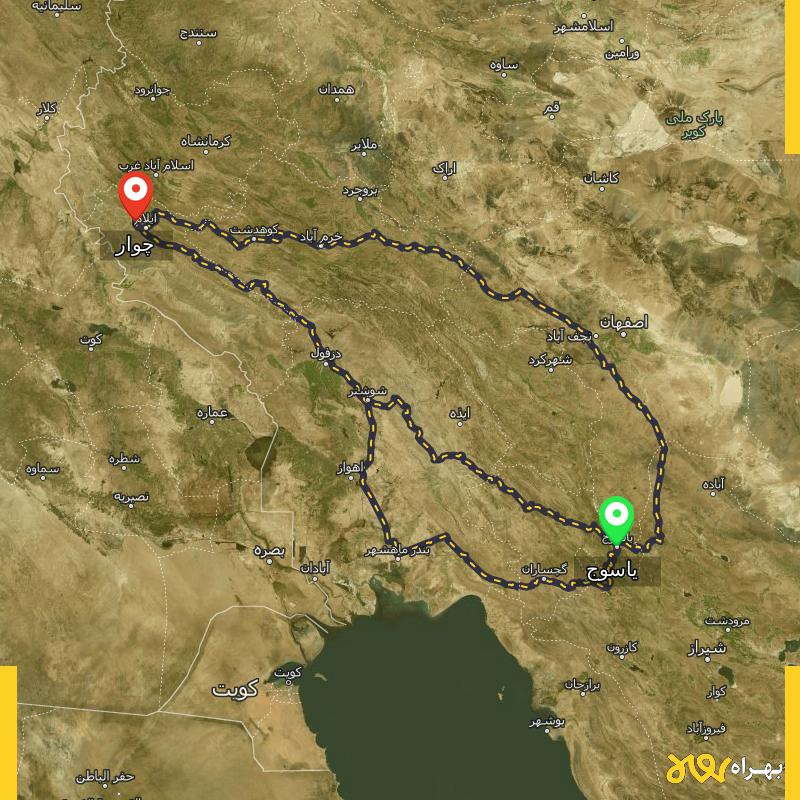 مسافت و فاصله چوار - ایلام تا یاسوج از ۳ مسیر - آذر ۱۴۰۳