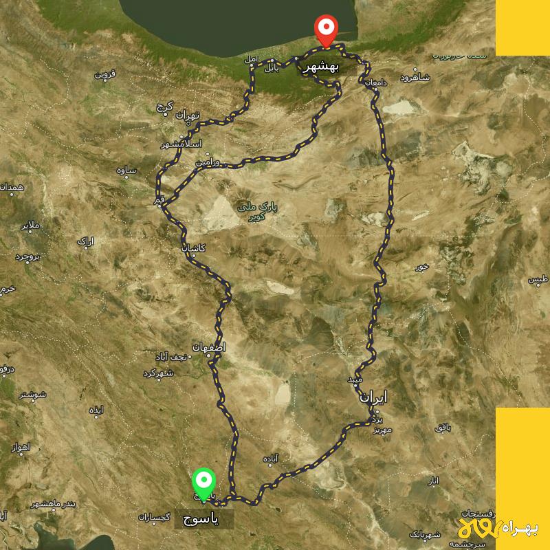 مسافت و فاصله بهشهر - مازندران تا یاسوج از ۳ مسیر - آذر ۱۴۰۳