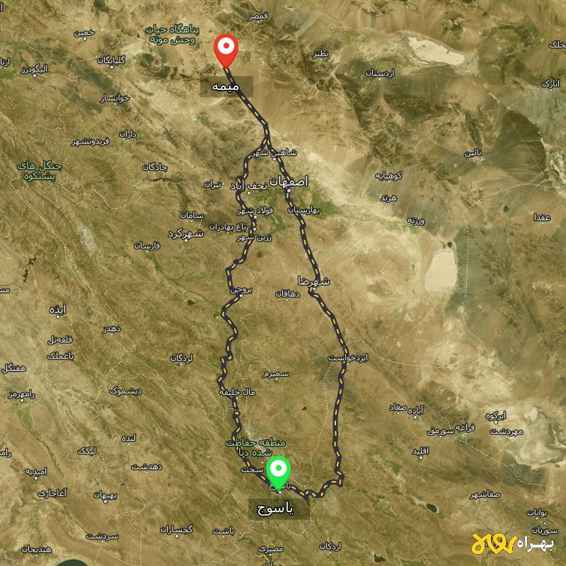 مسافت و فاصله میمه - اصفهان تا یاسوج از ۲ مسیر - آذر ۱۴۰۳