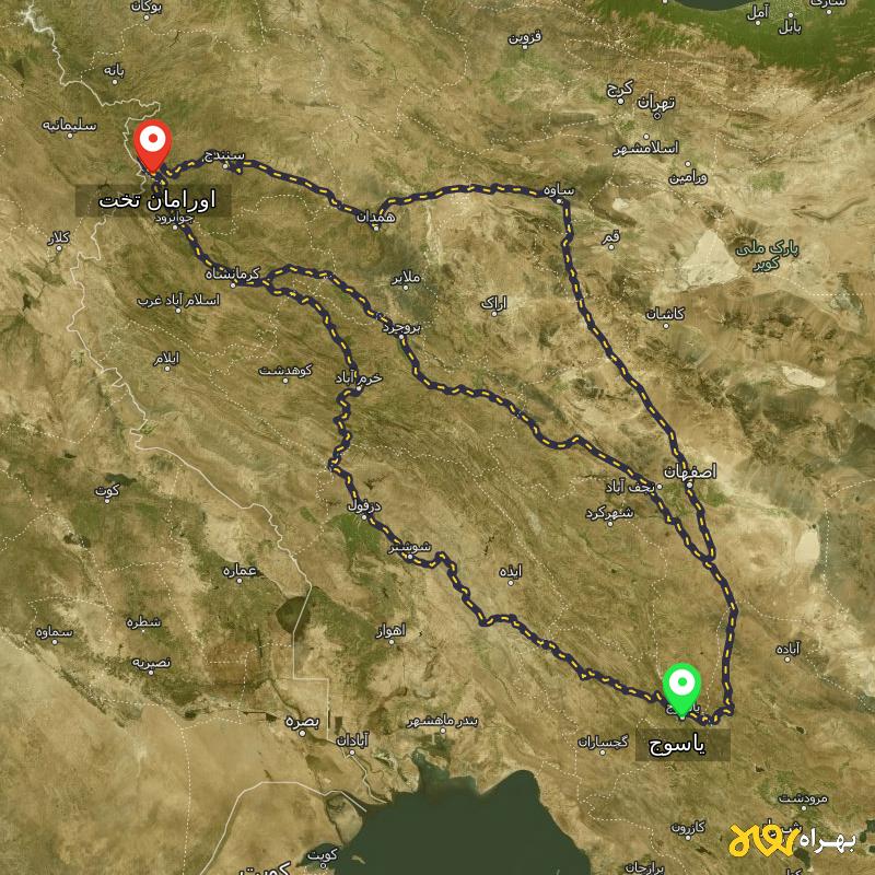 مسافت و فاصله اورامان تخت - کردستان تا یاسوج از ۳ مسیر - آذر ۱۴۰۳
