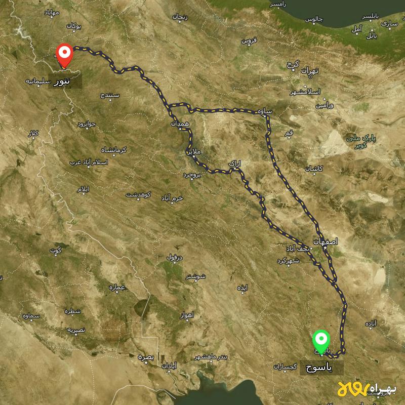 مسافت و فاصله ننور - کردستان تا یاسوج از ۲ مسیر - شهریور ۱۴۰۳