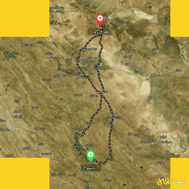مسافت و فاصله طرق‌رود - اصفهان تا یاسوج از ۳ مسیر - اسفند ۱۴۰۳