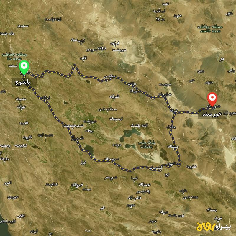 مسافت و فاصله خورسند - کرمان تا یاسوج از ۲ مسیر - مهر ۱۴۰۳