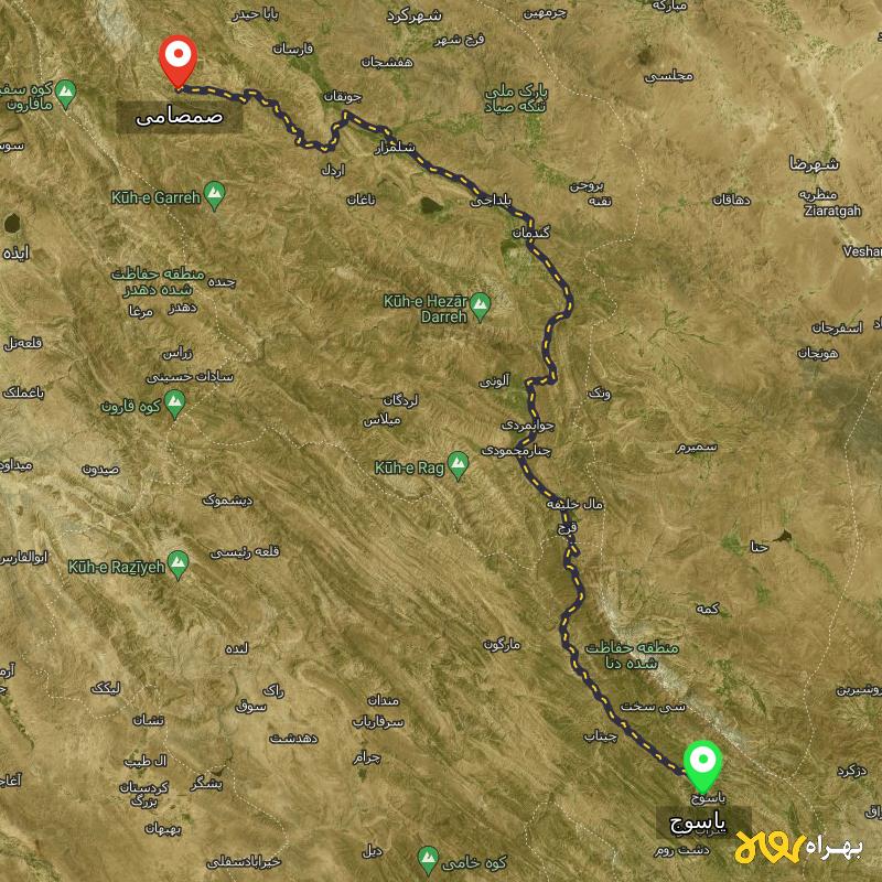 مسافت و فاصله صمصامی - چهارمحال و بختیاری تا یاسوج - دی ۱۴۰۳