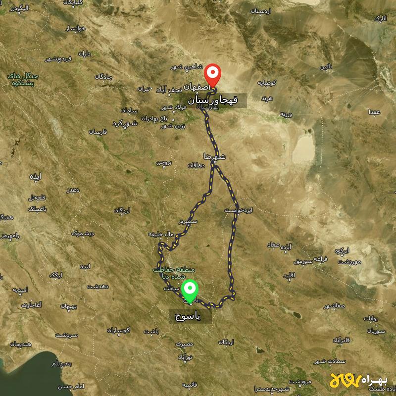 مسافت و فاصله قهجاورستان - اصفهان تا یاسوج از ۲ مسیر - شهریور ۱۴۰۳