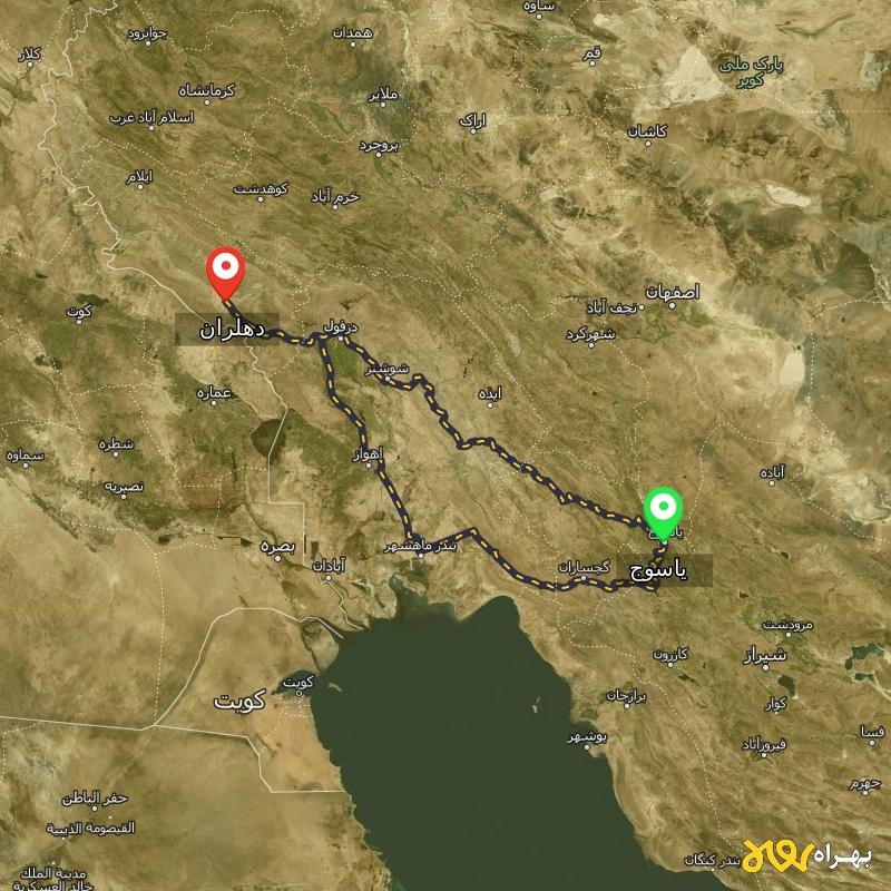 مسافت و فاصله دهلران - ایلام تا یاسوج از ۲ مسیر - آذر ۱۴۰۳