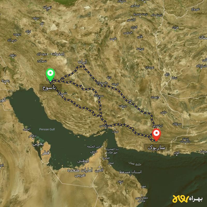 مسافت و فاصله ساربوک - سیستان و بلوچستان تا یاسوج از ۳ مسیر - شهریور ۱۴۰۳