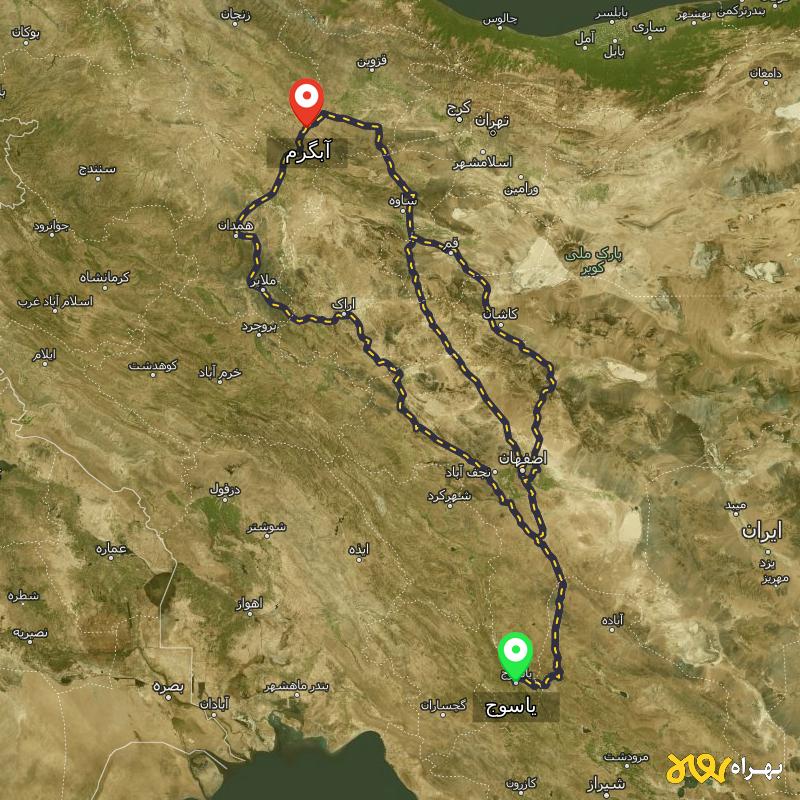 مسافت و فاصله آبگرم - قزوین تا یاسوج از ۳ مسیر - مهر ۱۴۰۳