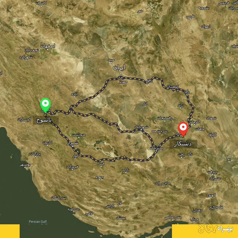 مسافت و فاصله دشتکار - کرمان تا یاسوج از ۳ مسیر - شهریور ۱۴۰۳