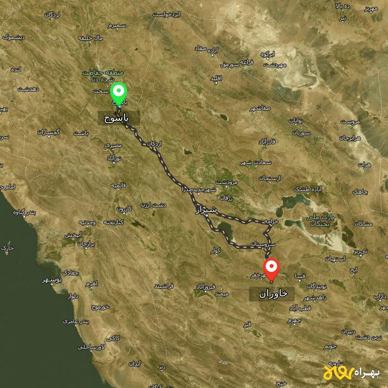 مسافت و فاصله خاوران - فارس تا یاسوج از ۲ مسیر - آبان ۱۴۰۳