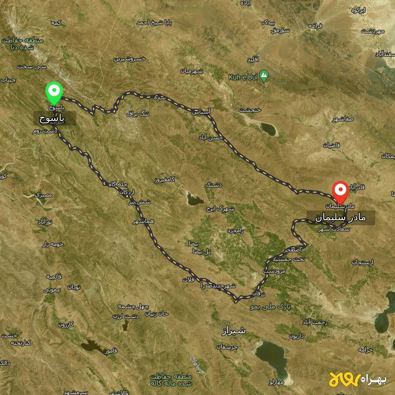 مسافت و فاصله مادر سلیمان - فارس تا یاسوج از ۲ مسیر - مرداد ۱۴۰۳