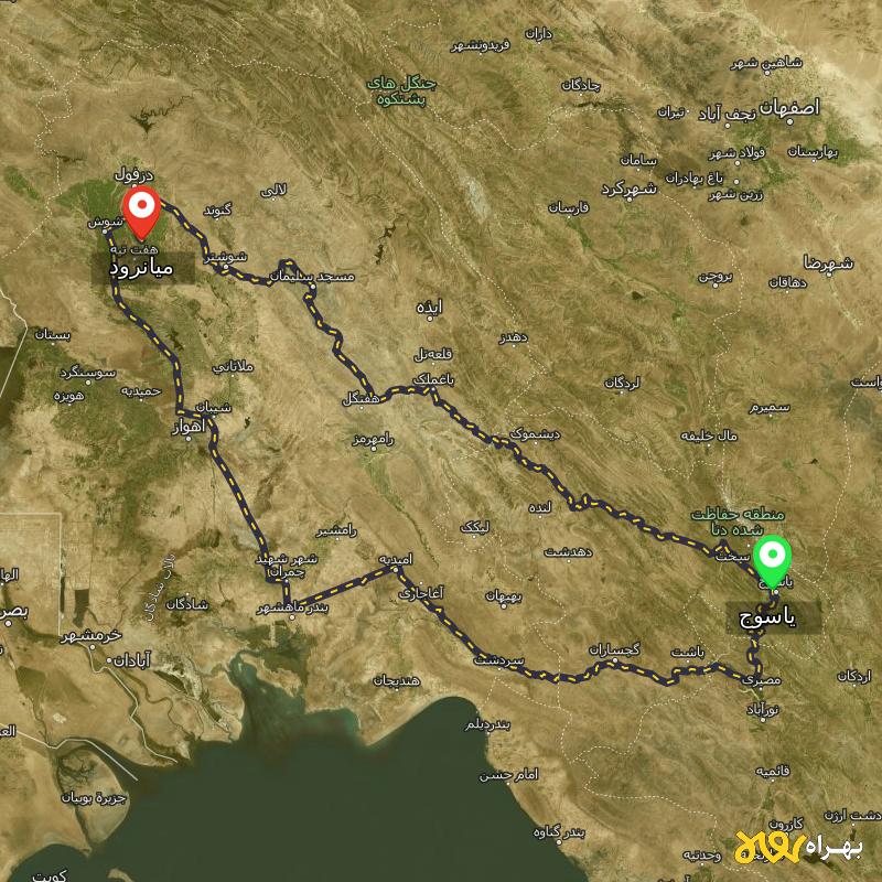 مسافت و فاصله میانرود - خوزستان تا یاسوج از ۲ مسیر - شهریور ۱۴۰۳
