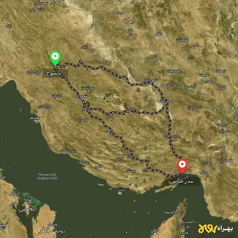 مسافت و فاصله بندرعباس تا یاسوج از ۳ مسیر - مرداد ۱۴۰۳