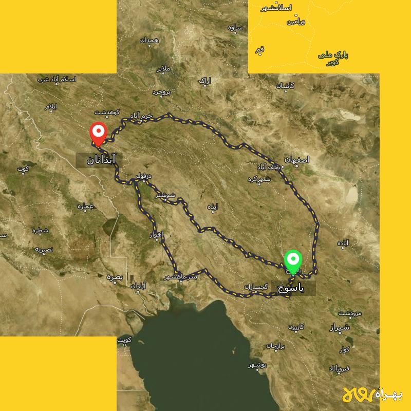 مسافت و فاصله آبدانان - ایلام تا یاسوج از ۳ مسیر - دی ۱۴۰۳