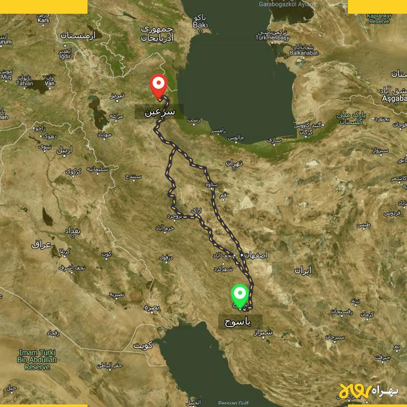 مسافت و فاصله سرعین - اردبیل تا یاسوج از ۲ مسیر - مرداد ۱۴۰۳