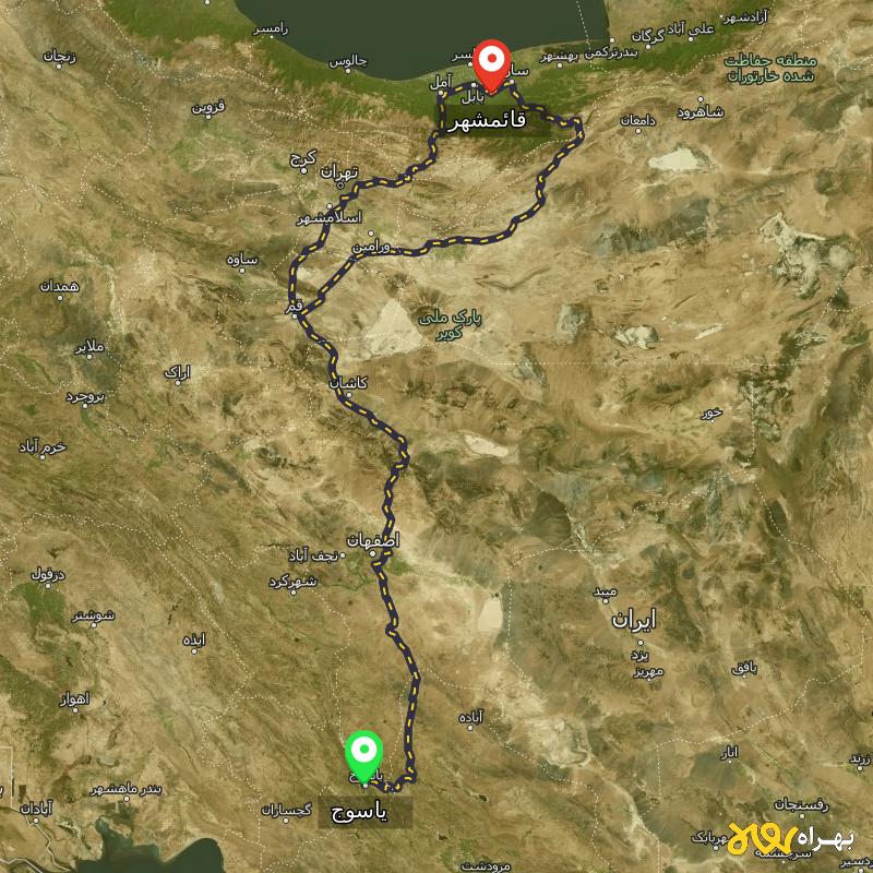 مسافت و فاصله قائمشهر تا یاسوج از ۲ مسیر - دی ۱۴۰۳