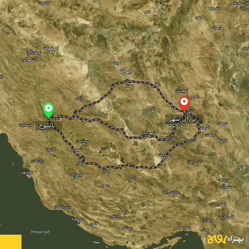 مسافت و فاصله یزدان شهر - کرمان تا یاسوج از ۳ مسیر - آذر ۱۴۰۳