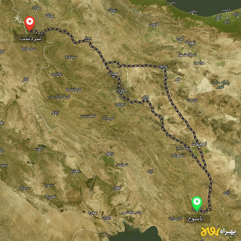 مسافت و فاصله سردشت - آذربایجان غربی تا یاسوج از ۲ مسیر - آذر ۱۴۰۳
