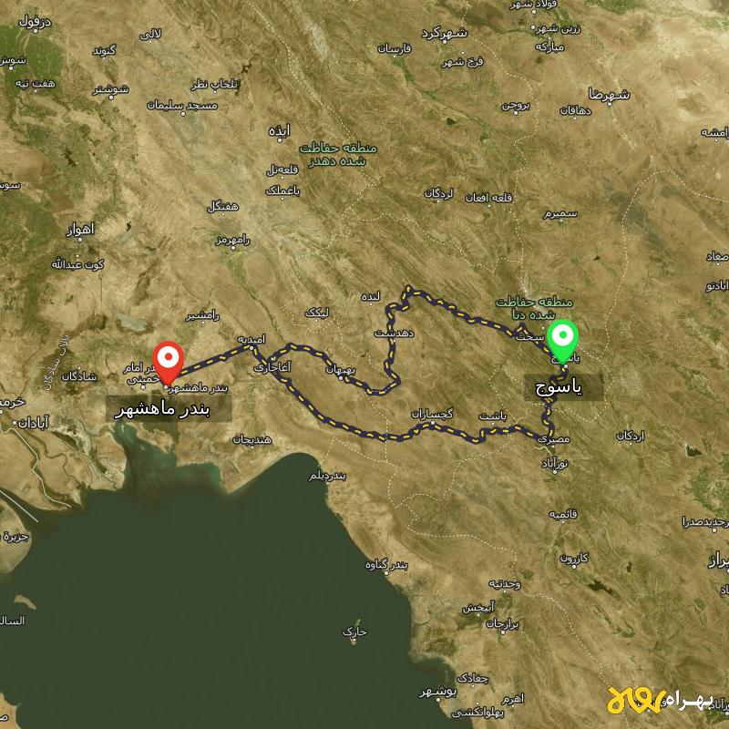 مسافت و فاصله بندر ماهشهر - خوزستان تا یاسوج از ۲ مسیر - اردیبهشت ۱۴۰۳