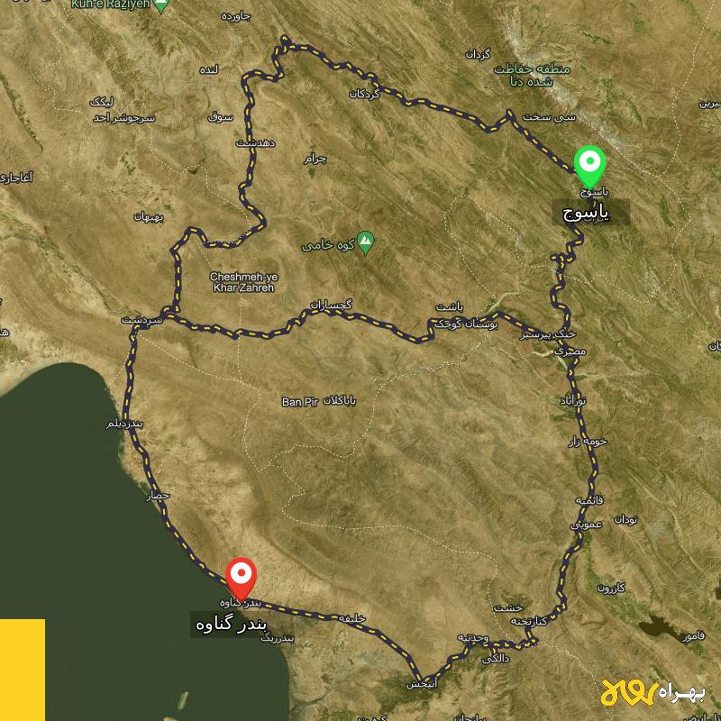 مسافت و فاصله بندر گناوه - بوشهر تا یاسوج از ۳ مسیر - اردیبهشت ۱۴۰۳