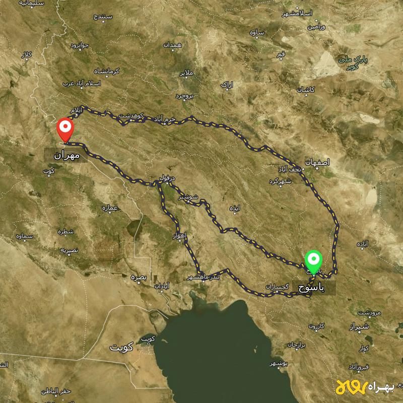 مسافت و فاصله مهران - ایلام تا یاسوج از ۳ مسیر - آذر ۱۴۰۳