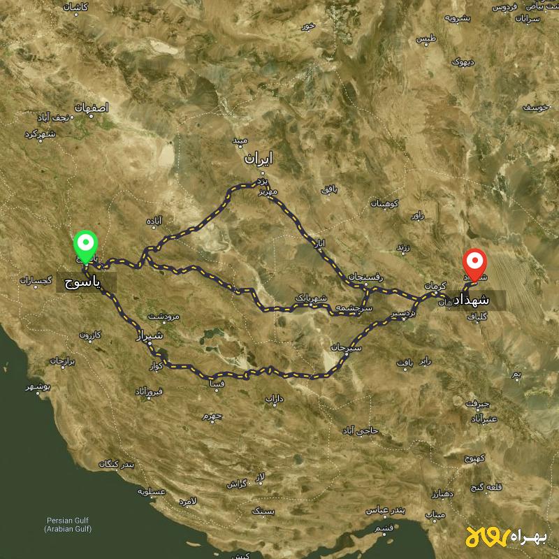مسافت و فاصله شهداد - کرمان تا یاسوج از ۳ مسیر - بهمن ۱۴۰۳