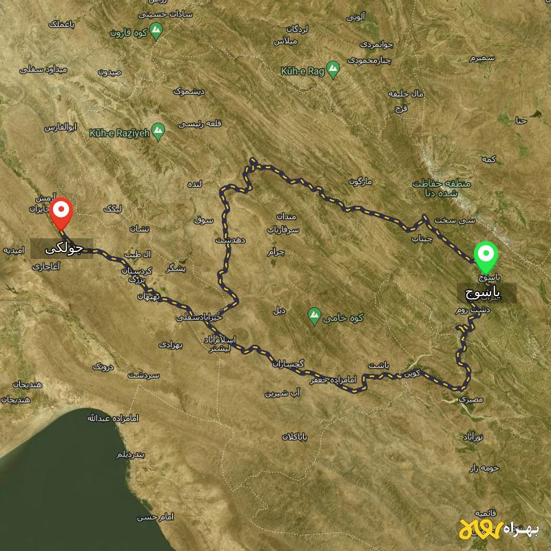 مسافت و فاصله جولکی - خوزستان تا یاسوج از ۲ مسیر - شهریور ۱۴۰۳