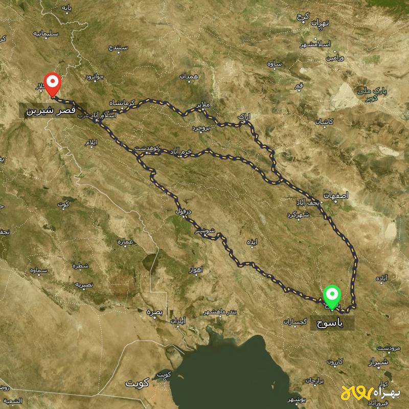 مسافت و فاصله قصر شیرین - کرمانشاه تا یاسوج از ۳ مسیر - بهمن ۱۴۰۳