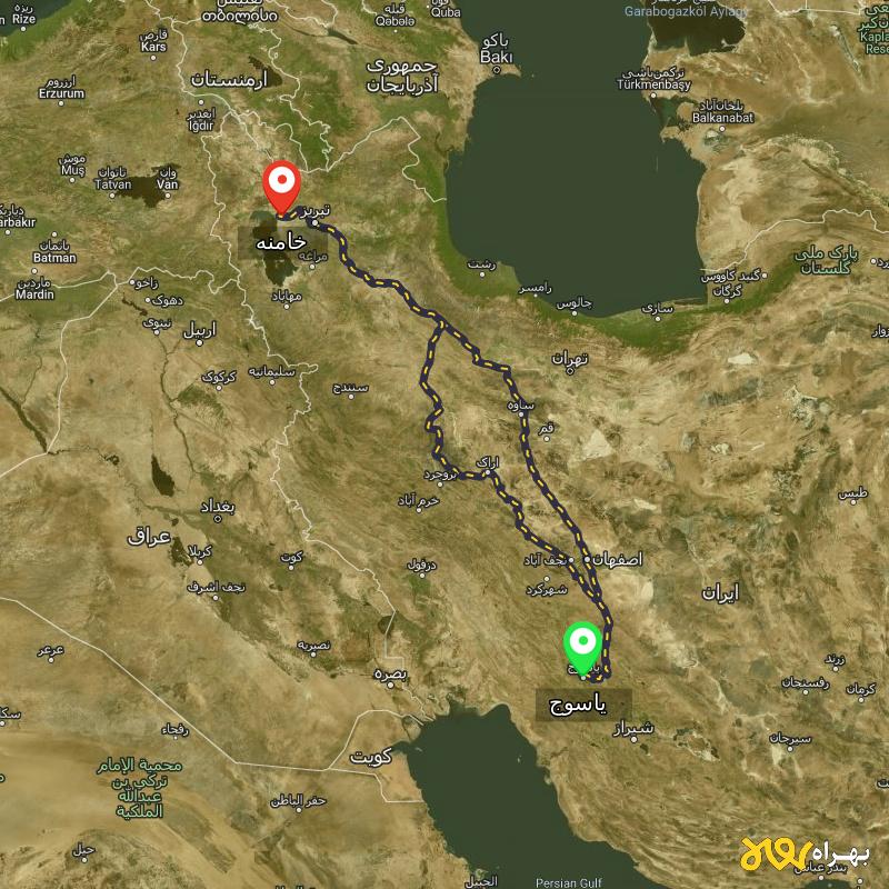 مسافت و فاصله خامنه - آذربایجان شرقی تا یاسوج از ۲ مسیر - آذر ۱۴۰۳