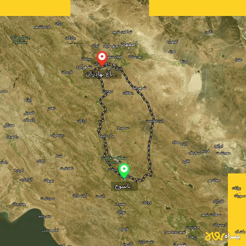 مسافت و فاصله باغ بهادران - اصفهان تا یاسوج از ۲ مسیر - آذر ۱۴۰۳