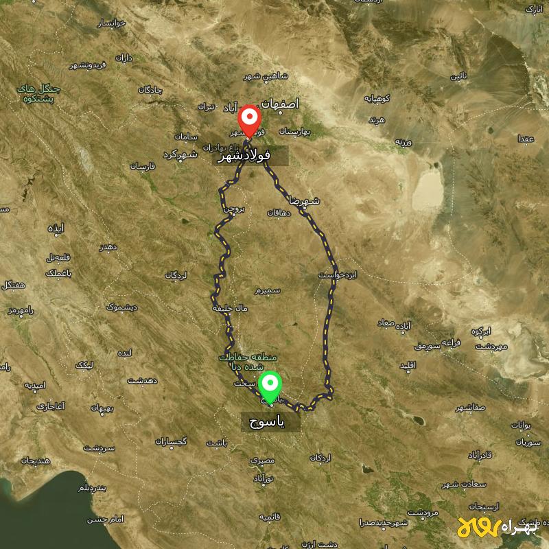 مسافت و فاصله فولادشهر - اصفهان تا یاسوج از ۲ مسیر - آذر ۱۴۰۳