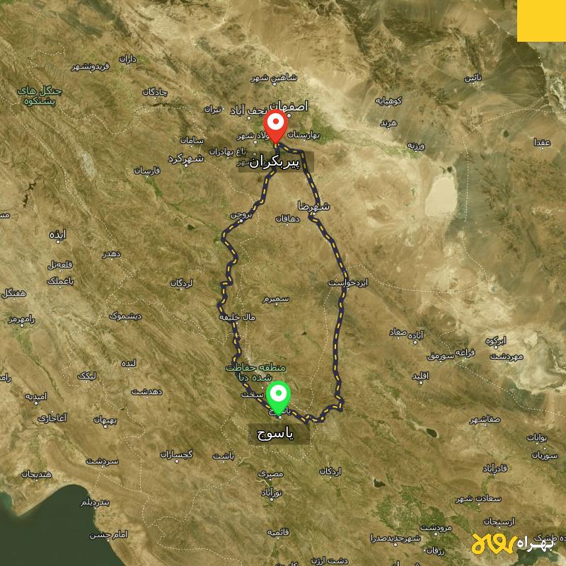 مسافت و فاصله پیربکران - اصفهان تا یاسوج از ۲ مسیر - آذر ۱۴۰۳