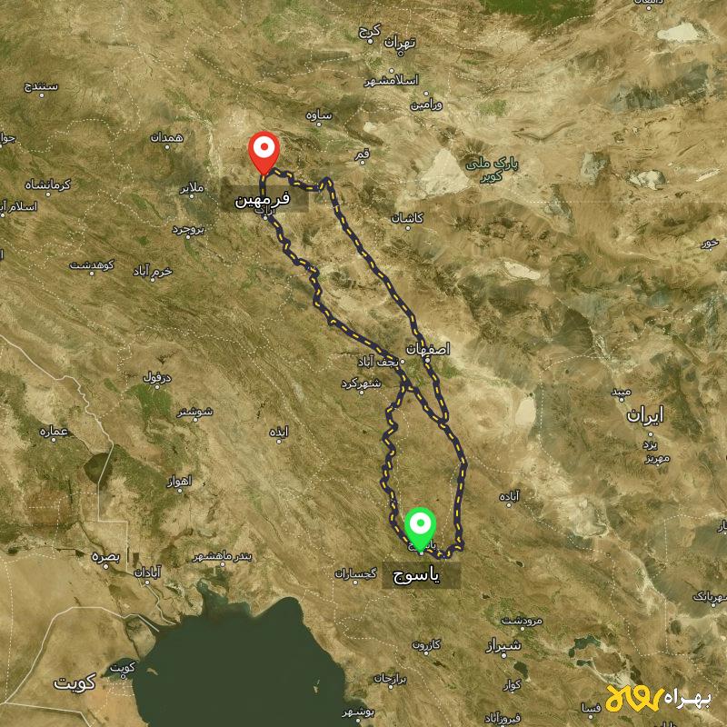 مسافت و فاصله فرمهین - مرکزی تا یاسوج از ۳ مسیر - آذر ۱۴۰۳